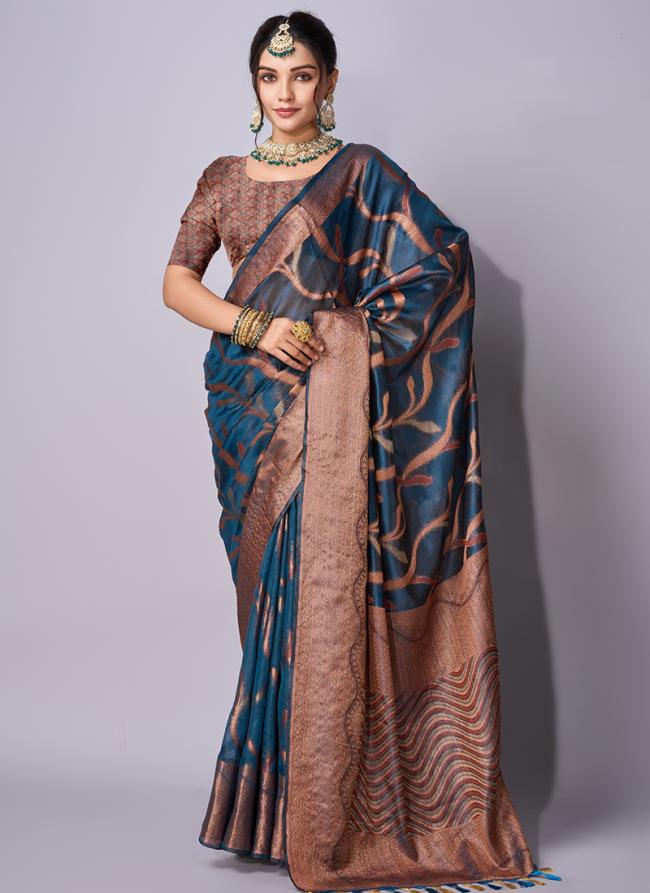 Organza Blue Traditional Wear Zari Work Saree